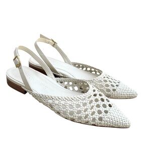MARION PARKE Patty Slingback Flat Sandals White Braided Leather